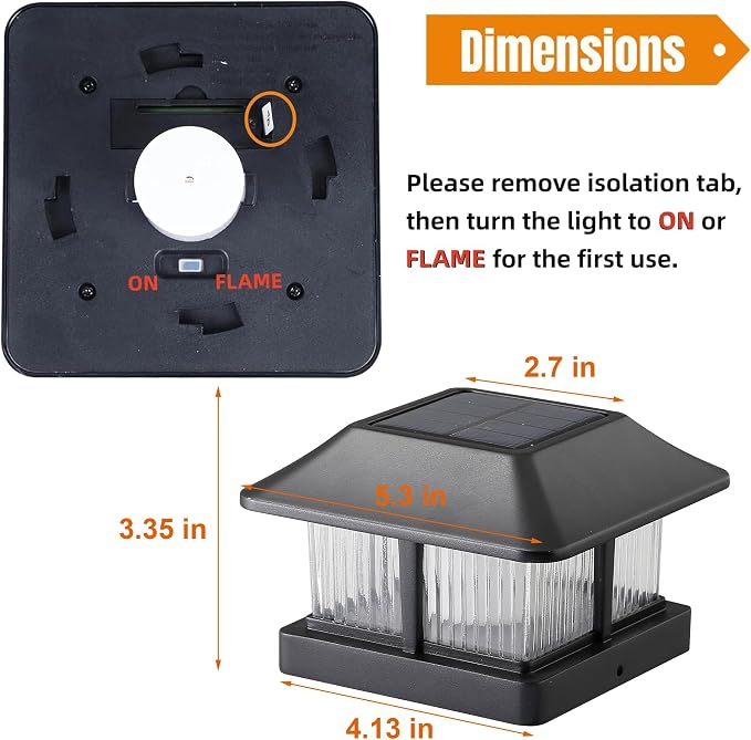 Dynaming Solar Flame Post Cap Lights Outdoor, Solar Powered Fence Post Light, Flickering Flame LED Lantern Lamps Waterproof for Garden Deck Patio, Fit 4x4 Wooden/Vinyl Posts, 2 Pack