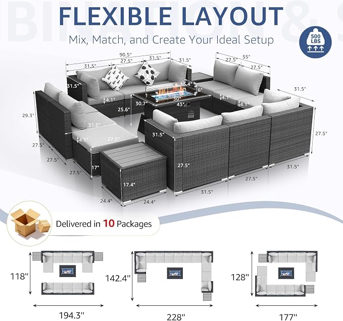 NICESOUL 15 Piece Outdoor Sectional with Fire Pit Table, Modern Luxury Patio Deep Seating w/Firepit, 29.3'' High-Back Wicker Couch Thick, Big High-Weight Capacity Sofa for Terrace, Yard, Light Gray