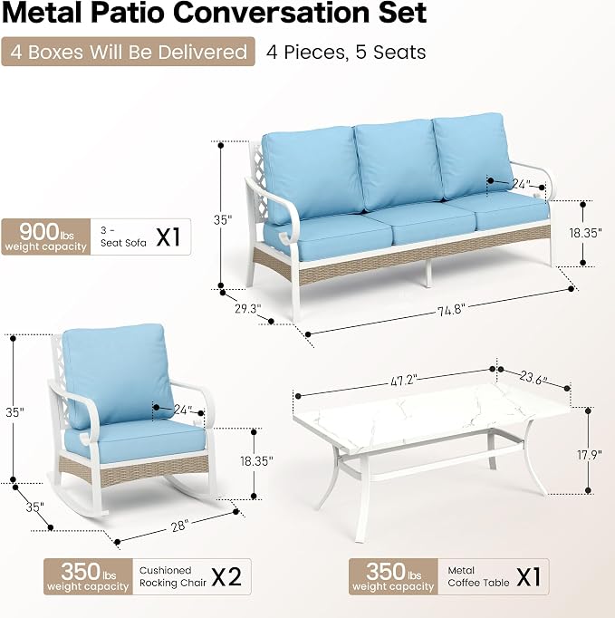 SUNSHINE VALLEY 4 PCS Metal Outdoor Patio Furniture Set, Patio Conversation Sets 1 3-seater Sofa, 2 Rocking Chairs with 5.75" Extra Thick Cushion and Coffee Table, White Frame Backyard Furniture, Blue
