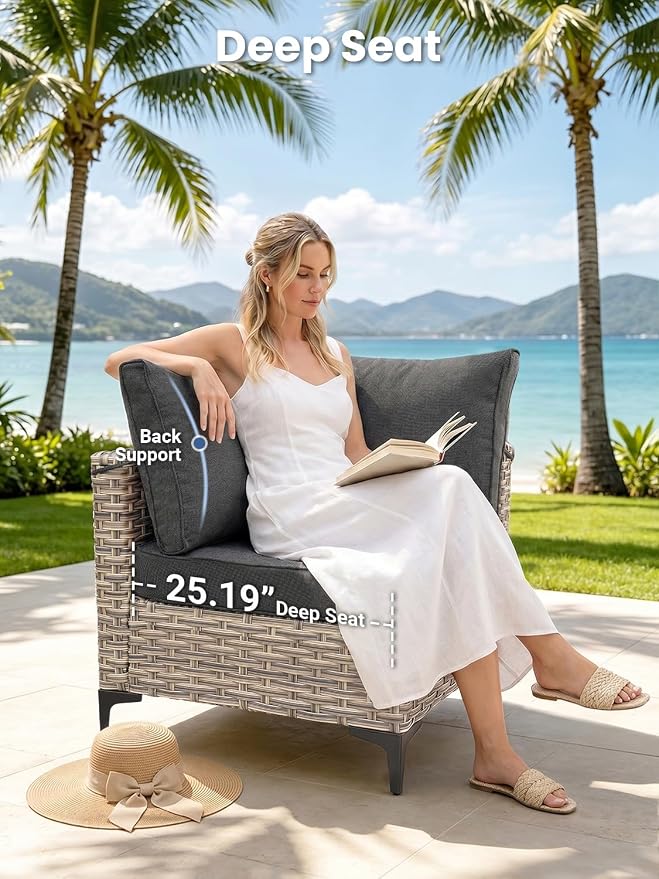 9-Piece Outdoor Patio Furniture Set with Fire Pit Table, Outdoor Conversation Wicker Sofa with Swivel Chairs, Rattan Couch with Coffee Table for Deck, Backyard, Poolside (Black)