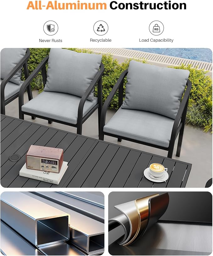 9-Piece Outdoor Dining Set for 8, Never-Rust Aluminum Patio Dining Set with 2 Swivel Chairs, Outdoor Table and Chairs with Removable Cushions, Patio Furniture Set for Deck, Garden, Lawn, Black