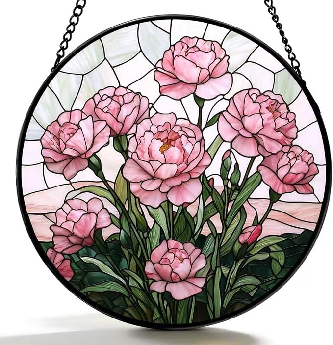 Stained Glass Window Hanging - Blooming Pink Peonies 7.8 Inches Suncatcher for Garden Home Decor for Women Mon Grandma Friends
