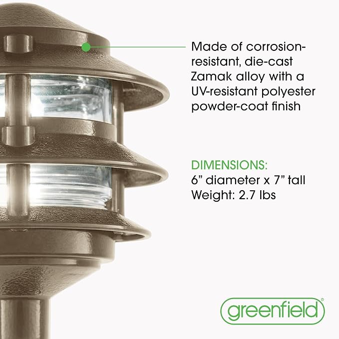 Greenfield Made in the USA Weatherproof Line-Voltage (120V) LED Outdoor Pathway Light – 3-Tier Permanent Outside Light for Walkway, Driveway & Landscaping – Professional Grade – Bronze