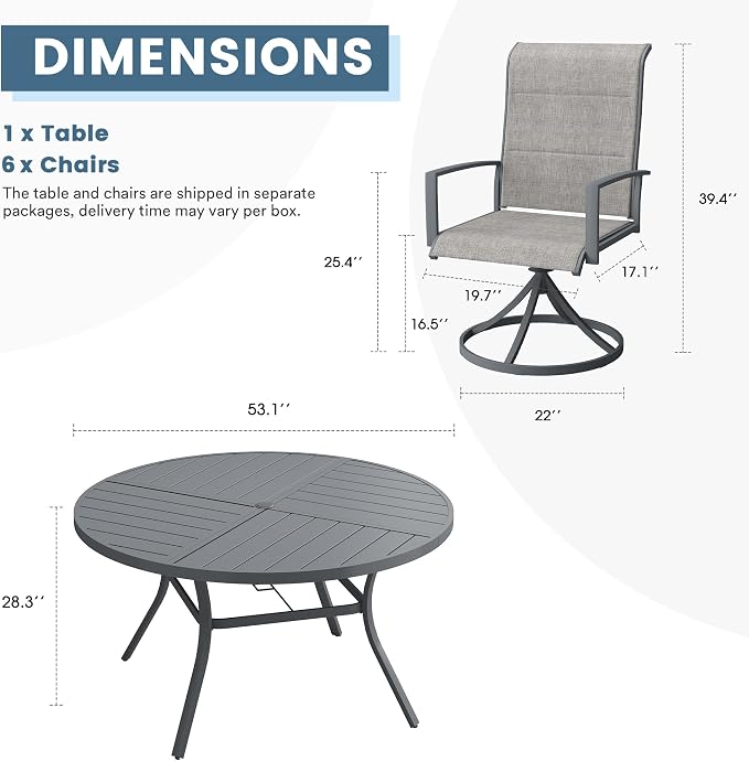 DIFY 7 Piece Outdoor Dining Set, Metal Patio Table and Chairs Set, 53.1" Round Dining Table & 6 Padded Textilene Swivel Patio Chairs, Outdoor Furniture Set for Garden Backyard Porch, Grey