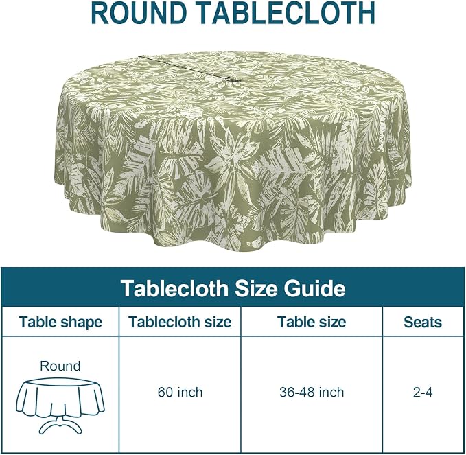 DYTXIII Outdoor Round Tablecloth with Umbrella Hole 60 Inch, Water Repellent & Fade Resistant Table Cover, All Weather Outdoor Tablecloth for Garden & Party Table, Tropical Leaf Green