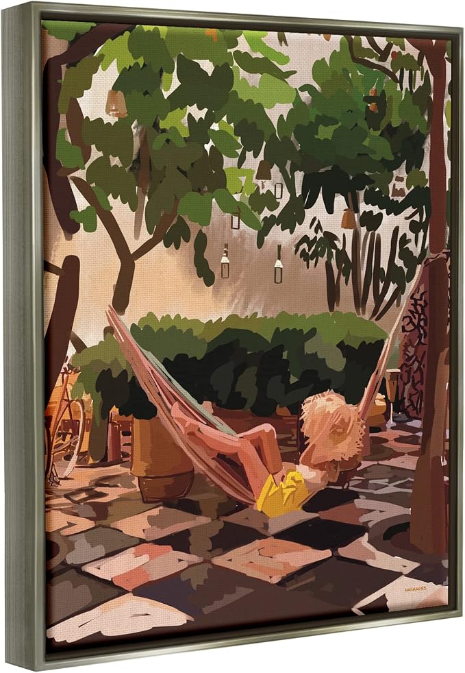 'Woman Lounging Hammock Tropical Summer'| Floating Frame Canvas Art | Stupell Industries | Gray, 17 x 21 Inches, Easy to Hang and Sturdy, Made in USA, by Amelia Noyes