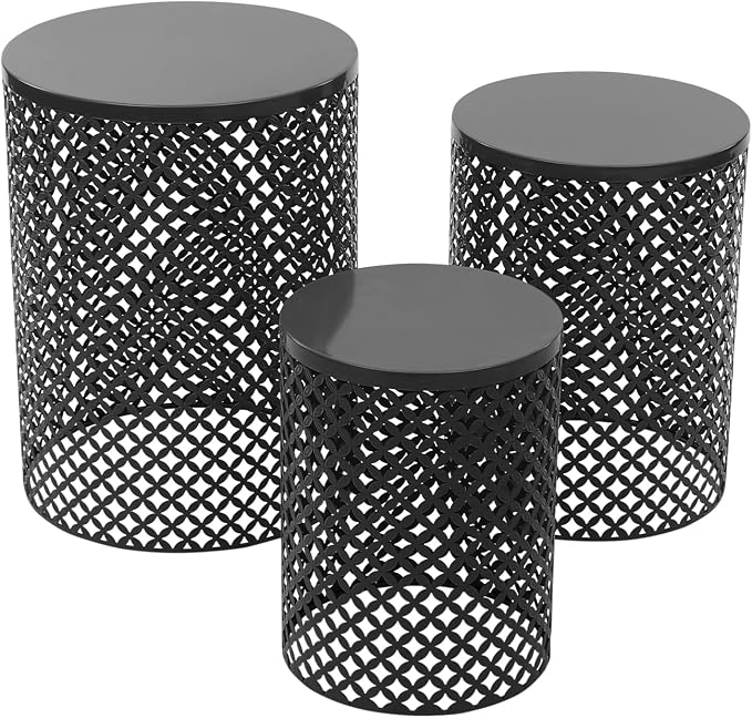 Set of 3 Outdoor Nesting Side Tables, Hollow Metal Frame Patio End Table, Multifunctional Coffee Table & Plant Holder for Backyard, Porch, Pool Sides, Home Indoor Use