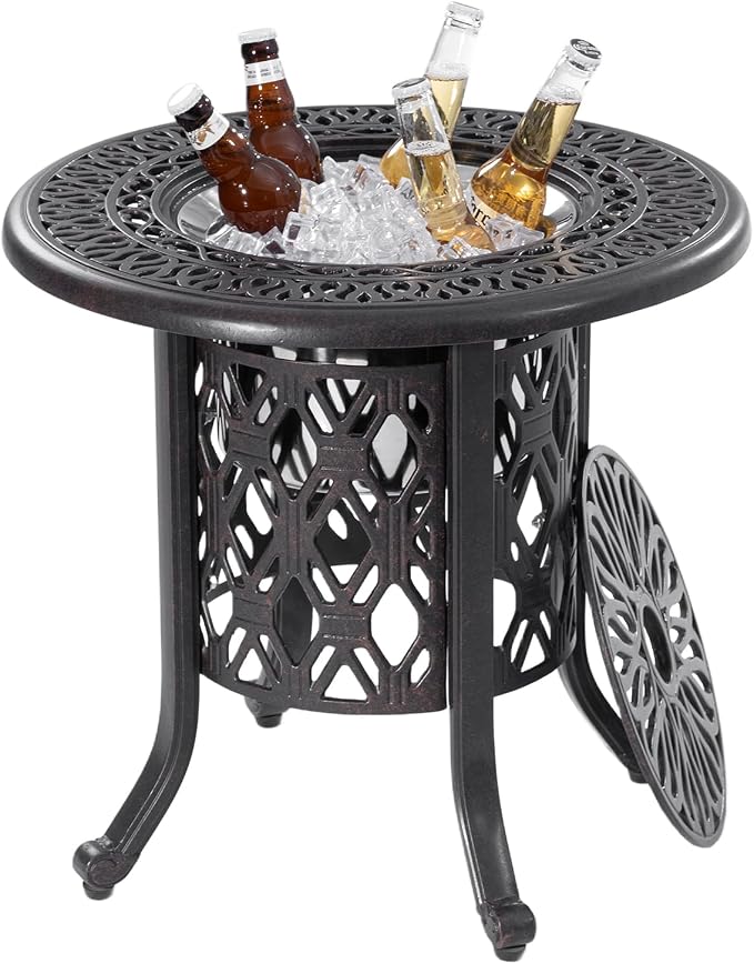 21" Side Table with Removable Ice Bucket- Rustproof Cast Aluminum Frame, Hand-Brushed Finish, Food-Grade 304 Stainless Steel Bucket - Perfect for Indoor & Outdoor, Patio, Balcony, and Poolside