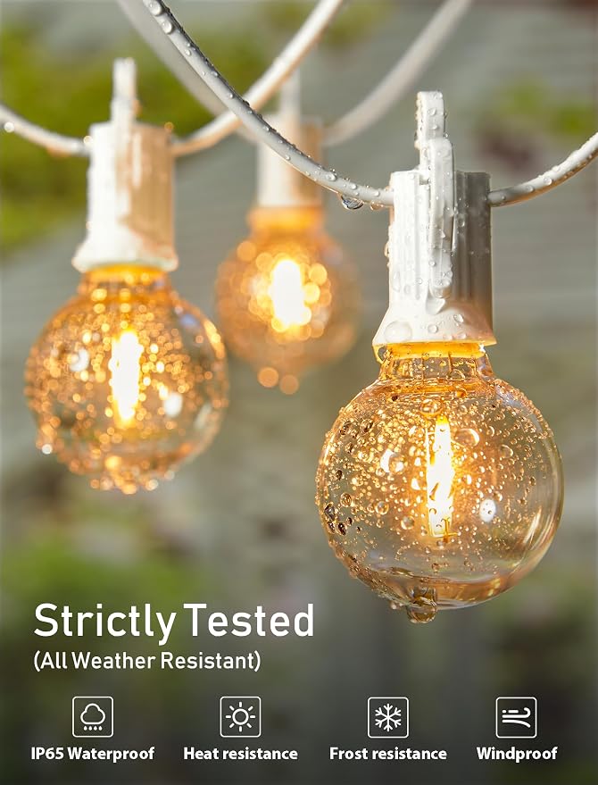 Brightown Outdoor String Lights, 29FT G40 LED IP65 Waterproof Patio Lights | 12 Shatterproof Edison Bulbs, Plug-In, Dimmable, Connectable, Hanging Light for Backyard Porch Party Decorative, White Wire