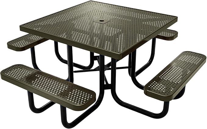 COATEDOUTDOORFURNITURE Heavy-Duty Portable Outdoor Picnic Table with Umbrella Hole, Punched Steel Commercial-Grade Patio Dining Furniture Made in America (46" Square Top, Textured Gold Vein)
