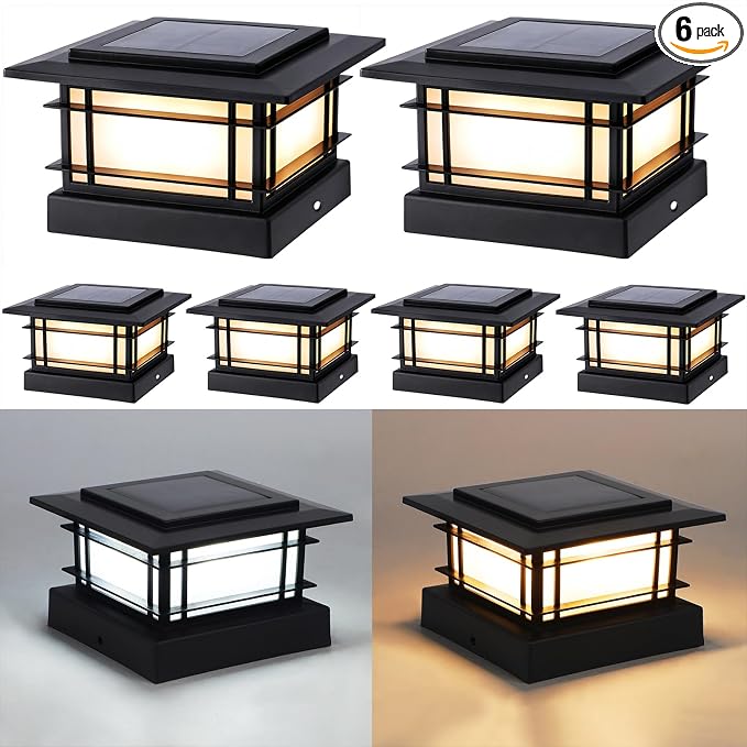 Dynaming 4x4 Solar Post Cap Lights Outdoor with 2 Color Modes, 6 Pack Upgrade Fence Post Solar Lights Black Shell for 4x4 Vinyl/Wooden Posts, Brightness LED Lighting Decor for Garden Deck Patio