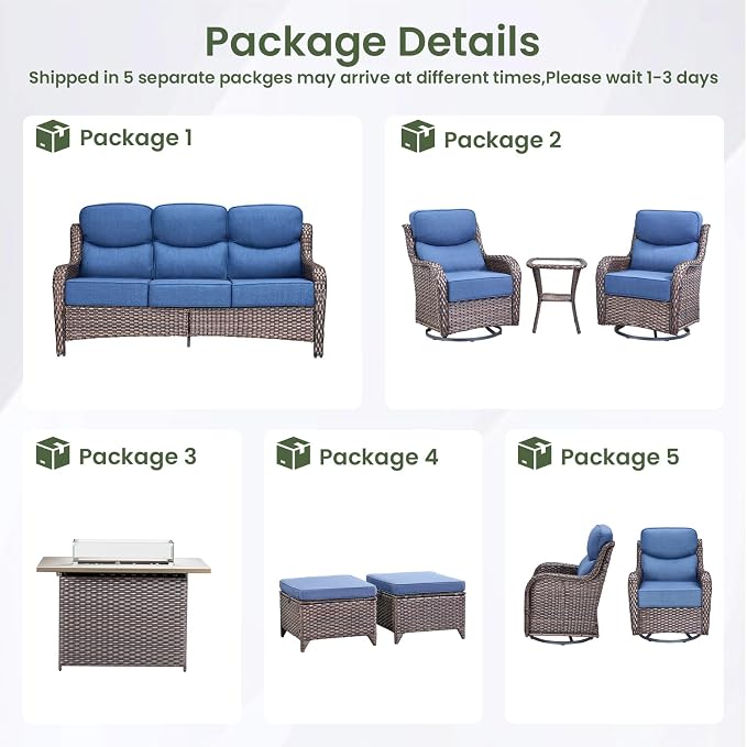 Luxury Patio Furniture Set with 6-inch Thick Cushion, Outdoor Furniture with Fire Pit Table, Swivel Chairs, Sofa, Side Table, Ottomans, 9pcs Wicker Conversation Set(Brown Wicker/Blue Cushion)
