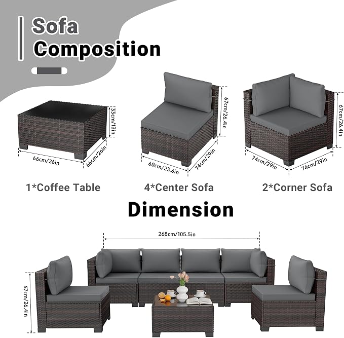 LEVELEVE 7-Piece Outdoor Patio Furniture Sets, Manual Weaving Rattan Conversation Sectional Sofa with Tempered Glass Coffee Table, All-Weather PE Wicker & Thick Cushions for Garden, Backyard, Porch