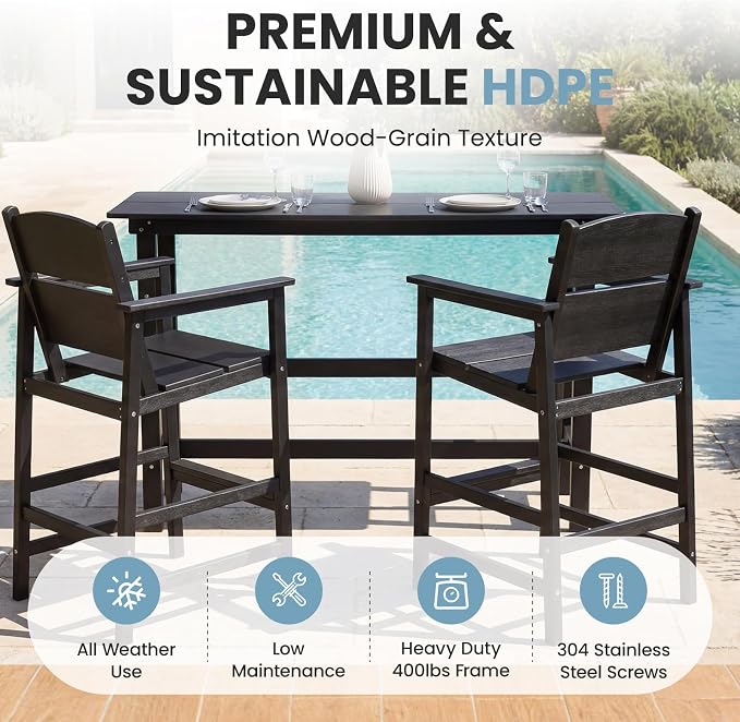 HDPE Outdoor Bar Chairs Set of 2, 28.5" Seat Height Bar Height Patio Stools with Armrest & Back, Heavy Duty All Weather High Top Chairs for Porch/Poolside/Deck, 400lb Capacity, Black