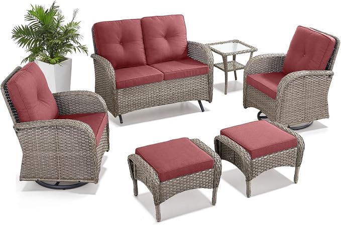 Belord 6 Pieces Wicker Patio Conversation Sets with Outdoor Swivel Rocker Chairs and Loveseat Glider Chair, All-Weather Rattan Furniture Set for Patio Deck Backyard Sunroom