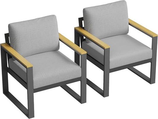 IDEALHOUSE Aluminum Patio Furniture Armchair Set of 2, Metal Outdoor Chairs with Upgraded Cushions, All-Weather Outdoor Single Sofa for Balcony, Garden, Deck, Backyard,Gray