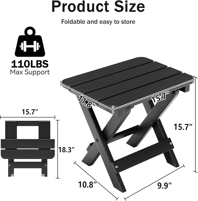 Folding Outdoor Side Table,Small HDPE Patio Table,All-Weather Compact Portable End Table for Patio,Porch,Pool,Black,11.8" D x 15.7" W x 15.7" H