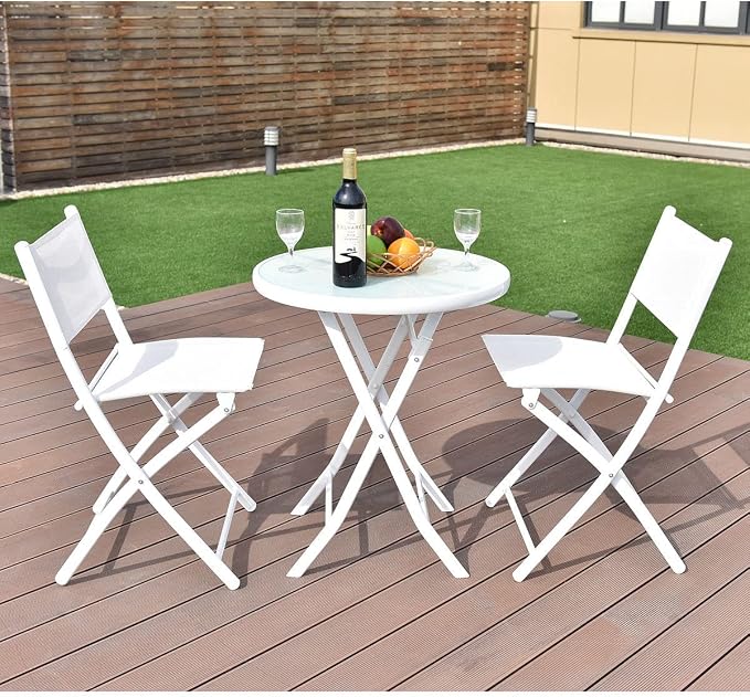 3 PCS Folding Bistro Table Chairs Set Garden Backyard Patio Furniture White Loveseat Coffee Table, Onesize