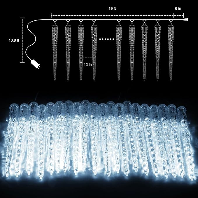 Brightown Christmas Icicle Lights Outdoor, 19.8Ft with 20 Large Tube 480 LED Meteor Shower Dropping Effect, Waterproof Icicle Lights Christmas Decorations for House Eave Roofline, Warm White