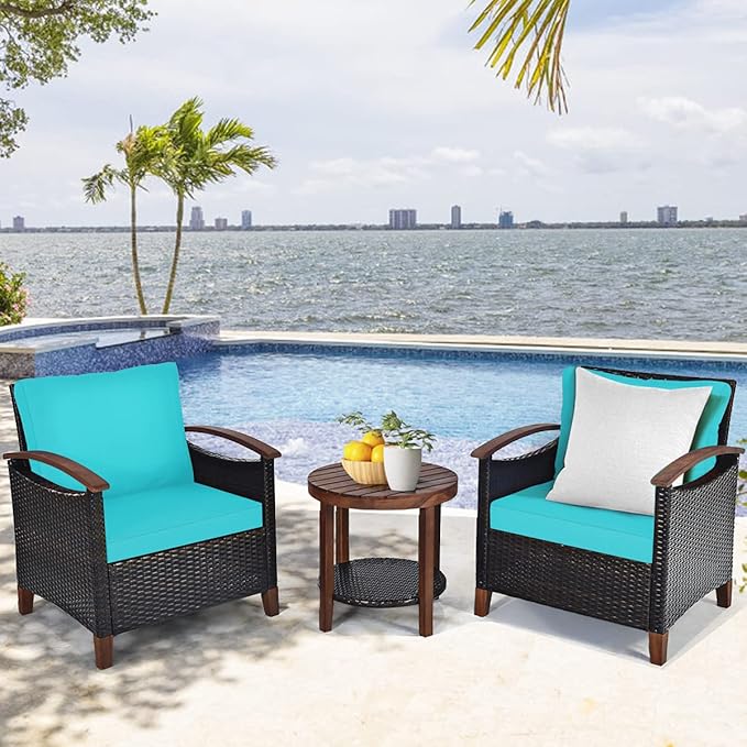 COSTWAY 3PCS Patio Rattan Furniture Set, Outdoor Solid Wood Frame Cushion Sofa with Round Table for Garden Porch Backyard Poolside (Turquoise)