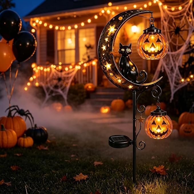 Solar Halloween Black Cat Garden Stake Light – Metal Crescent Moon & Pumpkin Lantern Yard Decor, Auto On/Off Waterproof LED Landscape Lighting for Patio Lawn Pathway (C)