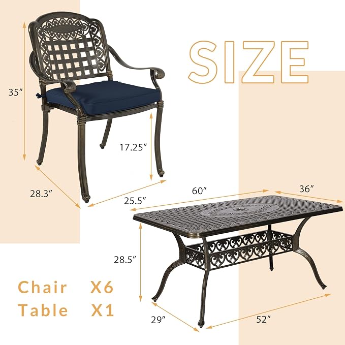 7-Piece Outdoor Patio Dining Set, 60” Rectangular Cast Aluminum Dining Table with Umbrella Hole and 6 Outdoor Dining Cushioned Chairs, Patio Funiture Set for Backyard, Patio, Garden, Navy