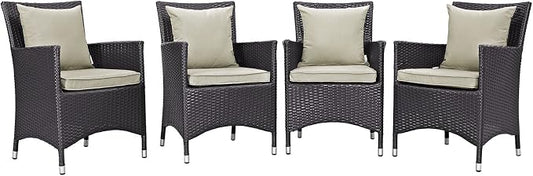 Modway Convene Wicker Rattan Outdoor Patio Dining Armchairs With Cushions in Espresso Beige - Set of 4