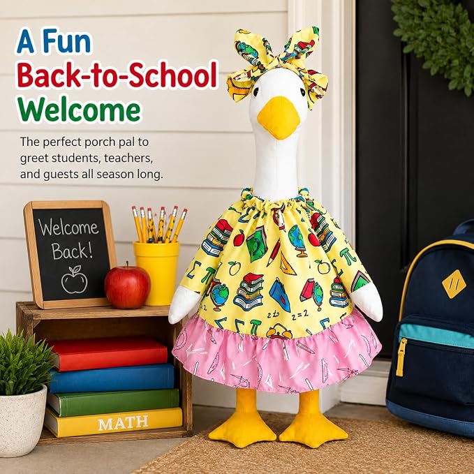 Back to School Porch Goose Outfit, 2Pcs/Set Yard Goose Clothes for 23" Statue Patio Lawn Garden School Classroom Decor