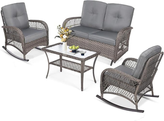 MEETWARM 4 Pieces Outdoor Wicker Patio Conversation Sets with Glider Loveseat, 2 Chairs with Glass-Top Coffee Table Rocking Chair Set, Wicker Conversation Set w/Thickened Cushions, Gray