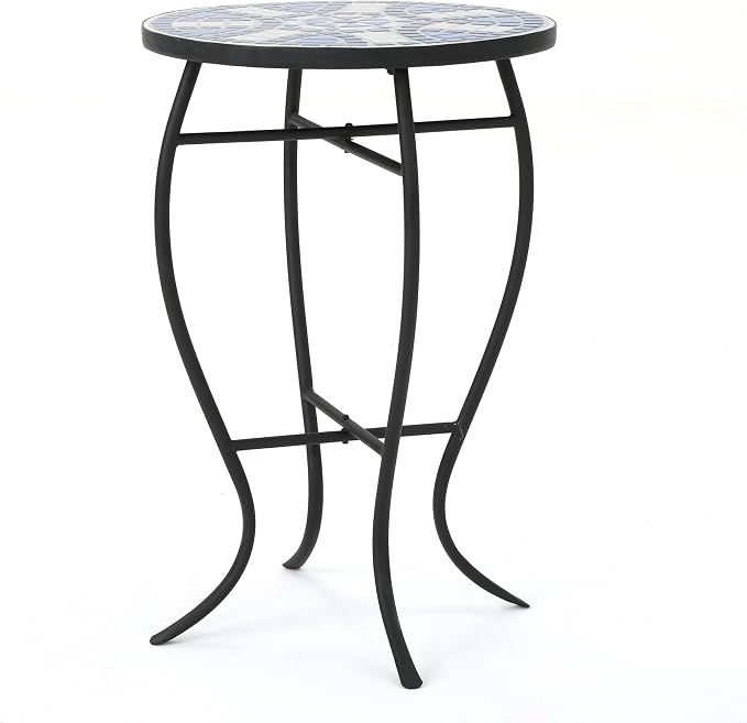 Blue White Mosaic Tile Round Side Table, Coastal Patio End Table with Curved Black Wrought Iron Legs, Weather Resistant Small Accent Table for Balcony Backyard Porch Living Room