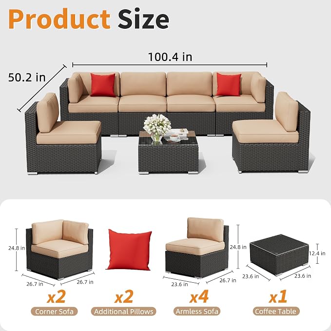 Oakcloud 7-Piece Outdoor Patio Furniture Black Rattan Wicker Sectional Sofa Conversation Set with Glass Top Table and Cushions (Brown)