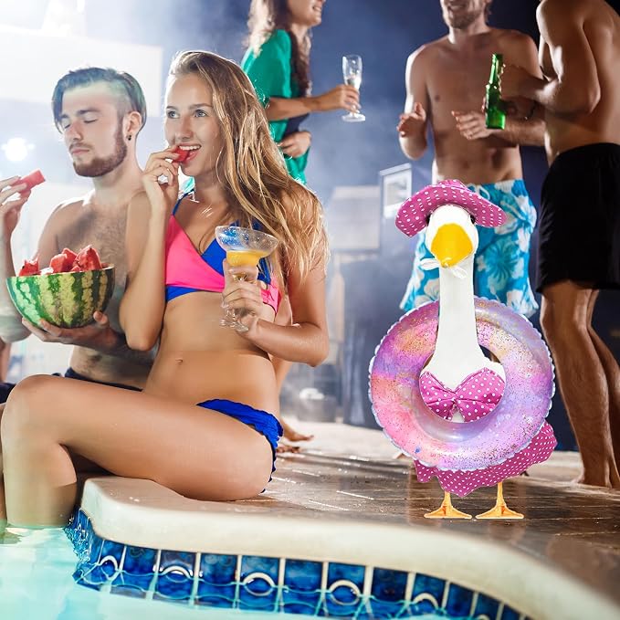 Porch Goose Summer Outfit for Cement or Plastic Goose 23'' Lawn Patio Statue, Bikini Goose Clothes, Hawaiian Outfit with Hat Sunglasses & Swimming Ring for Outdoor Garden Yard Decor (Green)