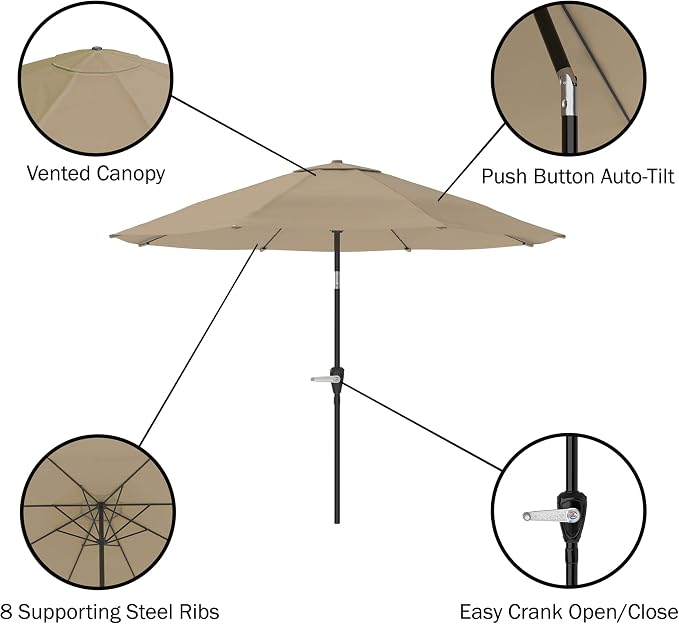Alaterre Furniture Okemo 8 Piece Outdoor Dining Set with Umbrella - Solid Acacia Wood Outdoor Furniture Set with 63” Patio Table, 6 Patio Chairs, and 10ft Sand Umbrella