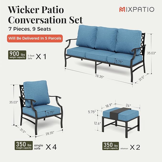 MIXPATIO Patio Furniture Set 7 pcs, Outdoor Patio Furniture, 3-Seat Sofa, 4 Single Chairs, 2 Ottomans and 5.75" Extra Thick Cushion, Conversation Set for Backyard Deck,Navy Blue