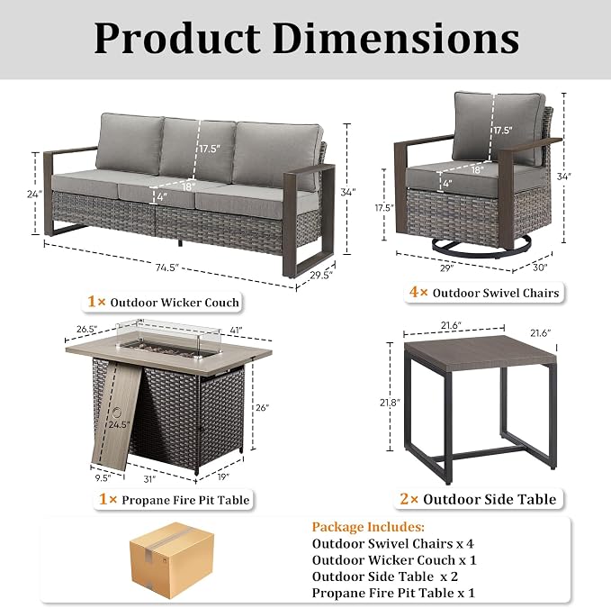 Patio Furniture Set with Fire Pit Table, 8-Piece Outdoor Wicker Sofa and 4 Swivel Chairs, All-Weather Conversation Set for Backyard, Deck and Poolside, Grey/Grey