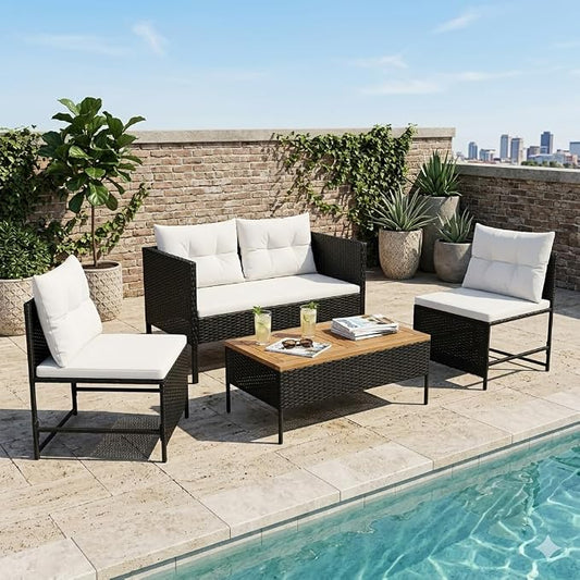 GIANGSUNNY 4 Piece Patio Furniture Set with Acacia Wood Table, Outdoor Hand-Woven Wicker Rattan Conversation Set, Weather-Resistant Seating for Patio, Balcony, Porch, Garden (Black)