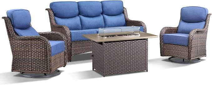 Luxury Patio Furniture Set with Fire Pit Table-4 Pieces High Back Wicker Swivel Rocker Chairs with 6" Extra Thick Cushions, Outdoor Patio Conversation Sets for Garden Deck(Brown/Blue)