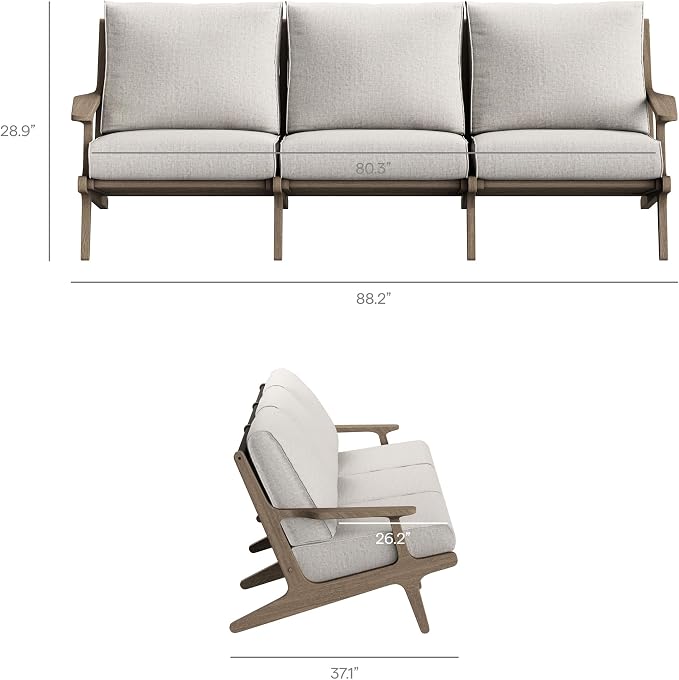 Modway Saratoga 4-Piece Teak Wood Outdoor Furniture Set in Weathered Gray Pebble - Patio Conversation Set with Sofa, 2 Armchairs, and Coffee Table