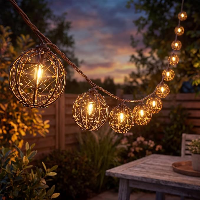 8.5Ft Outdoor Decor Patio Lights,10L Beaded Copper Wire Ball Lantern Lights | Connectable Weather-Resistant Indoor Outdoor Boho String Lights for Home Pergola Campings Porch Party Backyard