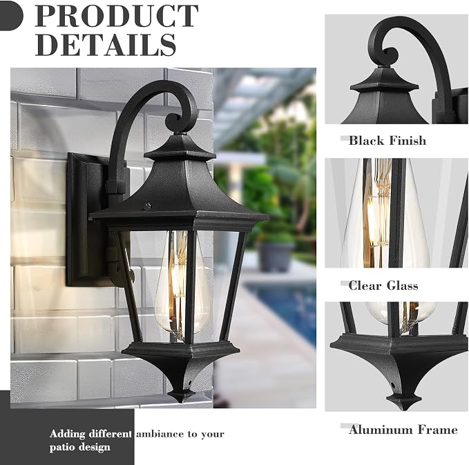 Emliviar Twin Pack 15" Outdoor Porch Light, Farmhouse Exterior Wall Light for Patio, Clear Glass with Black Finish, XE292B-2PK BK