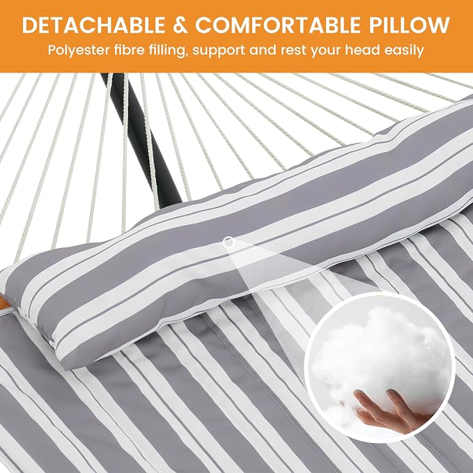 Lazy Daze Hammocks 2 Person Hammock Pad and Pillow Set, Double Polyester Quilted 78" x55" Replacement Pad for Rope Hammock, Light Grey Stripes
