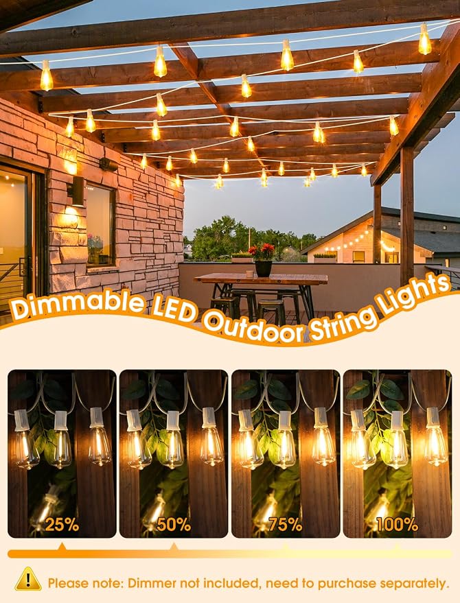 25FT Outdoor String Lights, Patio Lights with 10+1 2700K LED Dimmable Waterproof Outside Hanging ST38 Edison Bulbs for Backyard, White Cord