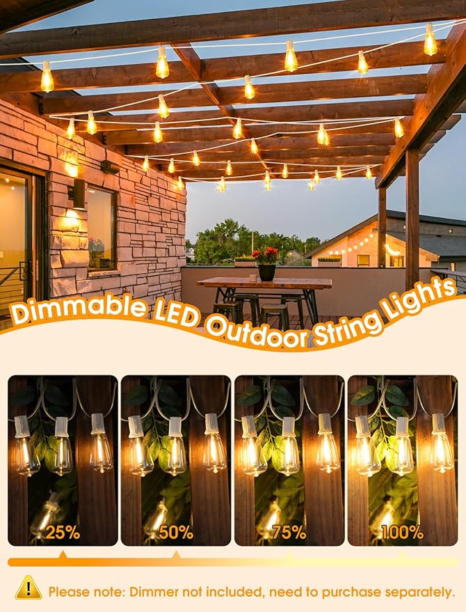 50FT(2x25FT) Outdoor String Lights, Patio Lights with 20+2 LED Dimmable Waterproof ST38 Vintage Bulbs for Wedding Garden Party Decor, White