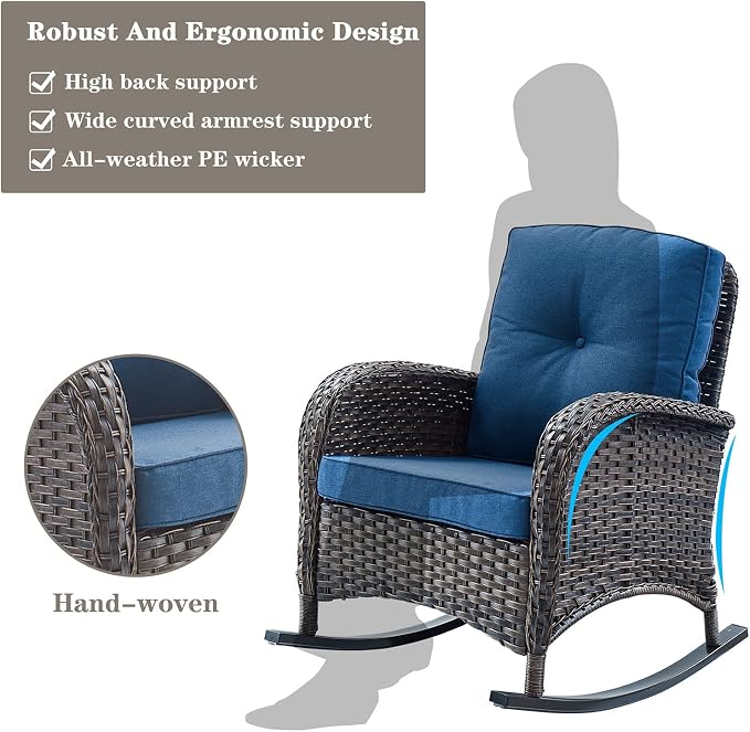 Belord 5 Piece Patio Furniture Set with 50000 BTU Propane Fire Pit Table, All-Weather Patio Rocking Chairs, Loveseat Glider and Side Table for Outdoor Conversation Deck Backyard Poolside Blue