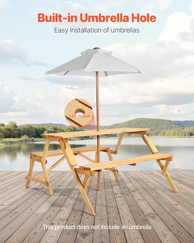 VEVOR 2-in-1 Transforming Interchangeable Picnic Table, Outdoor Wooden Table and Bench Set, Portable Foldable Bench with Umbrella Hole, Patio Dining Furniture for Garden, Backyard, Porch (Brown)