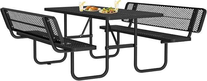 Outdoor Picnic Table with Umbrella Hole - Coated Steel Heavy Duty Commercial Grade Dining Table with Back Seat,Commercial Metal Picnic Table, Heavy Duty Rectangular Furniture Set for Life