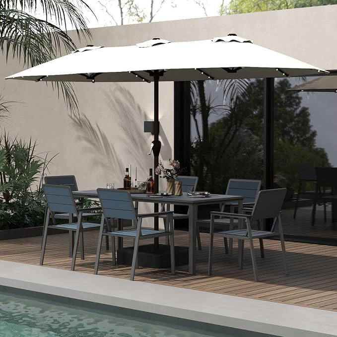 7-Piece Outdoor Dining Set with 15FT Umbrella,Navy | HDPE table, chairs included, aluminum frame, 2" hole design, weather-resistant furniture, perfect for backyard, deck, garden