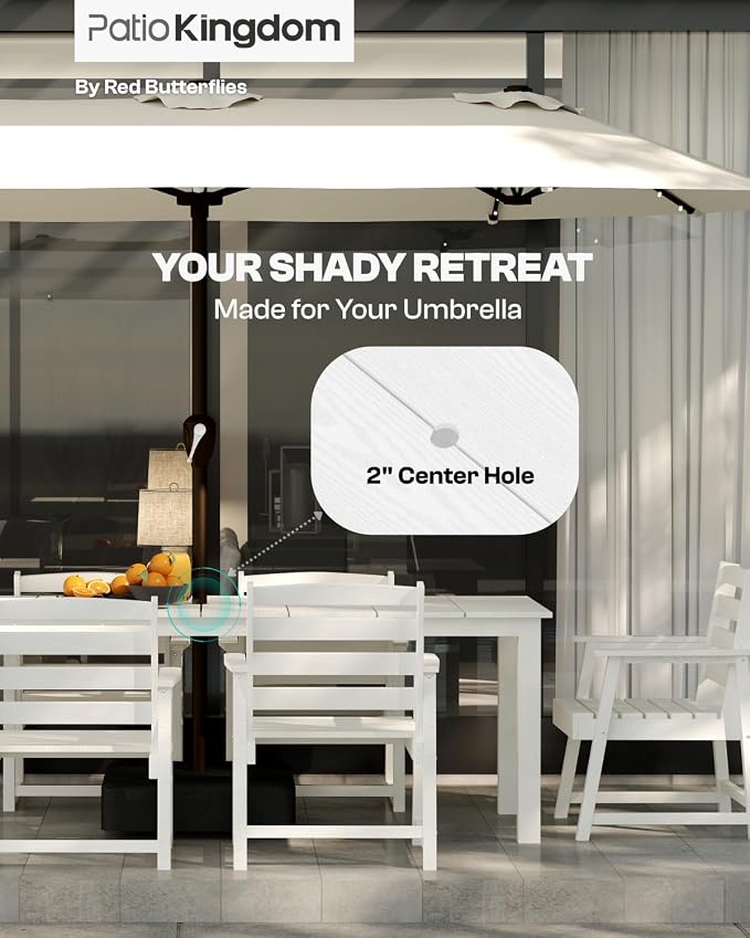 7-Piece Outdoor Dining Set with 11FT Umbrella for 6,White | 75.2'' HDPE table, chairs included, weather-resistant furniture with hole, ideal for lawn, poolside, yard, garden, deck