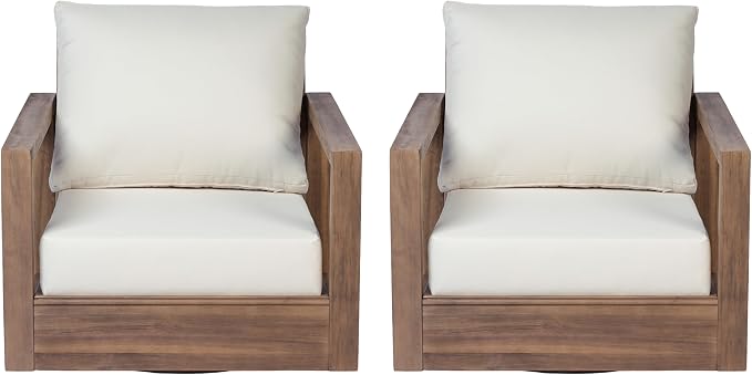 Christopher Knight Home 3-Piece Patio Swivel Chair Set with Side Table, Acacia Wood Outdoor Swivel Rocking Chairs with Cushions, Deep Seating Patio Chair & End Table for Porch Deck Garden, Brown+Beige