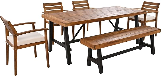 6-Pcs Outdoor Patio Dining Table & Chair & Bench Set for 6, Wooden Outdoor Dining Table Set with Removable Cushion, 6-Pcs, Wood